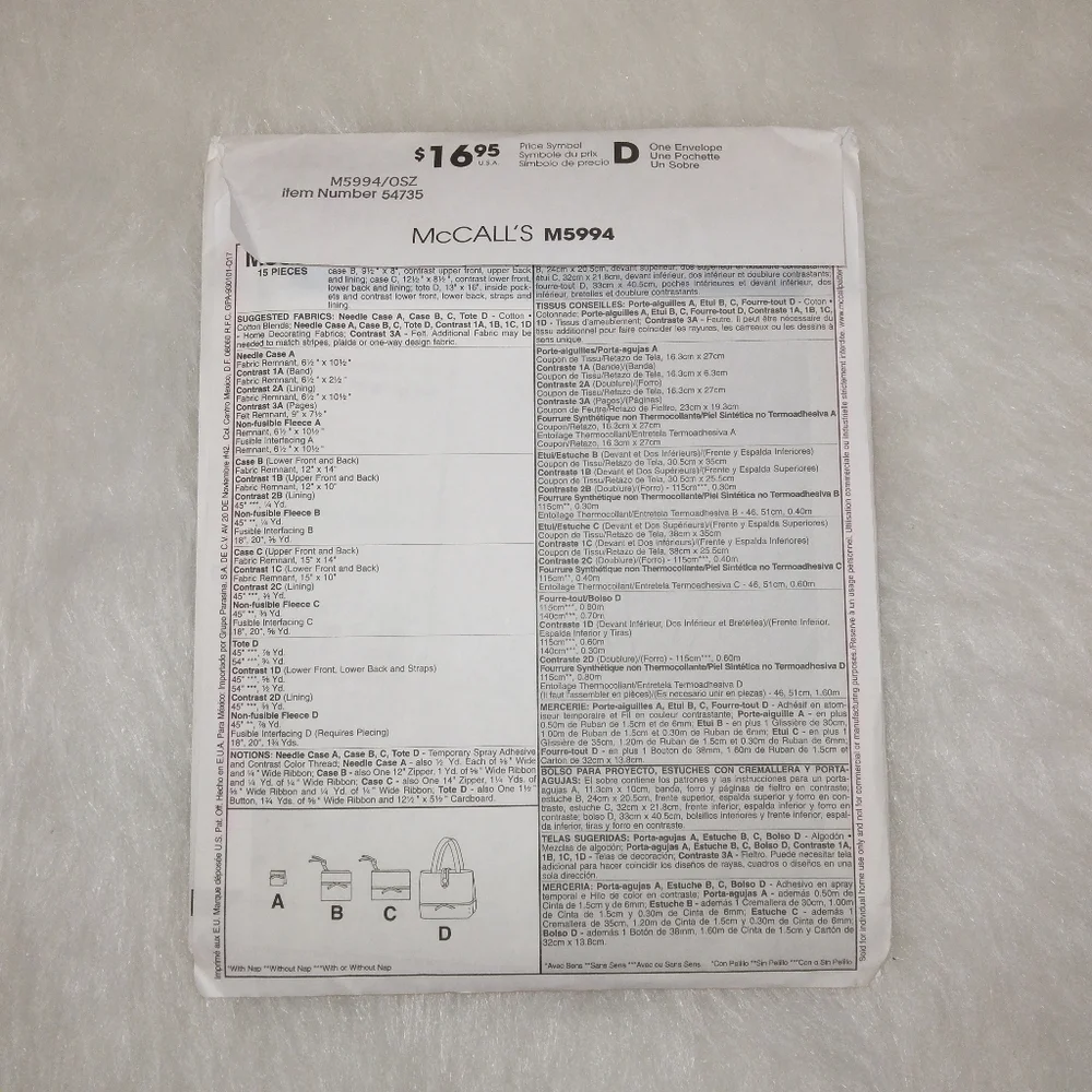 McCall's M5994 Tote, zip cases ,needle case, new and uncut